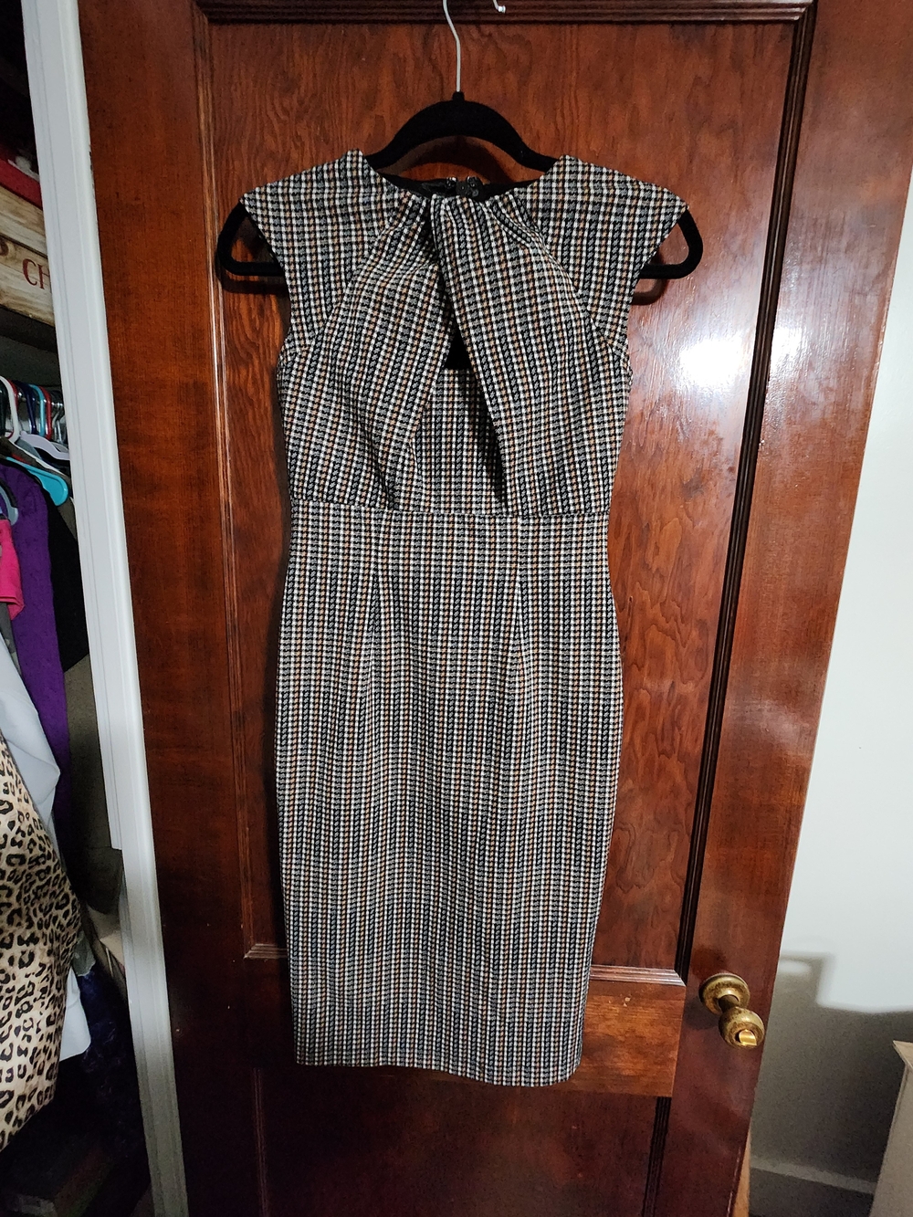 New York & Company Black and Cream Tweed Midi Dress with Front Bow